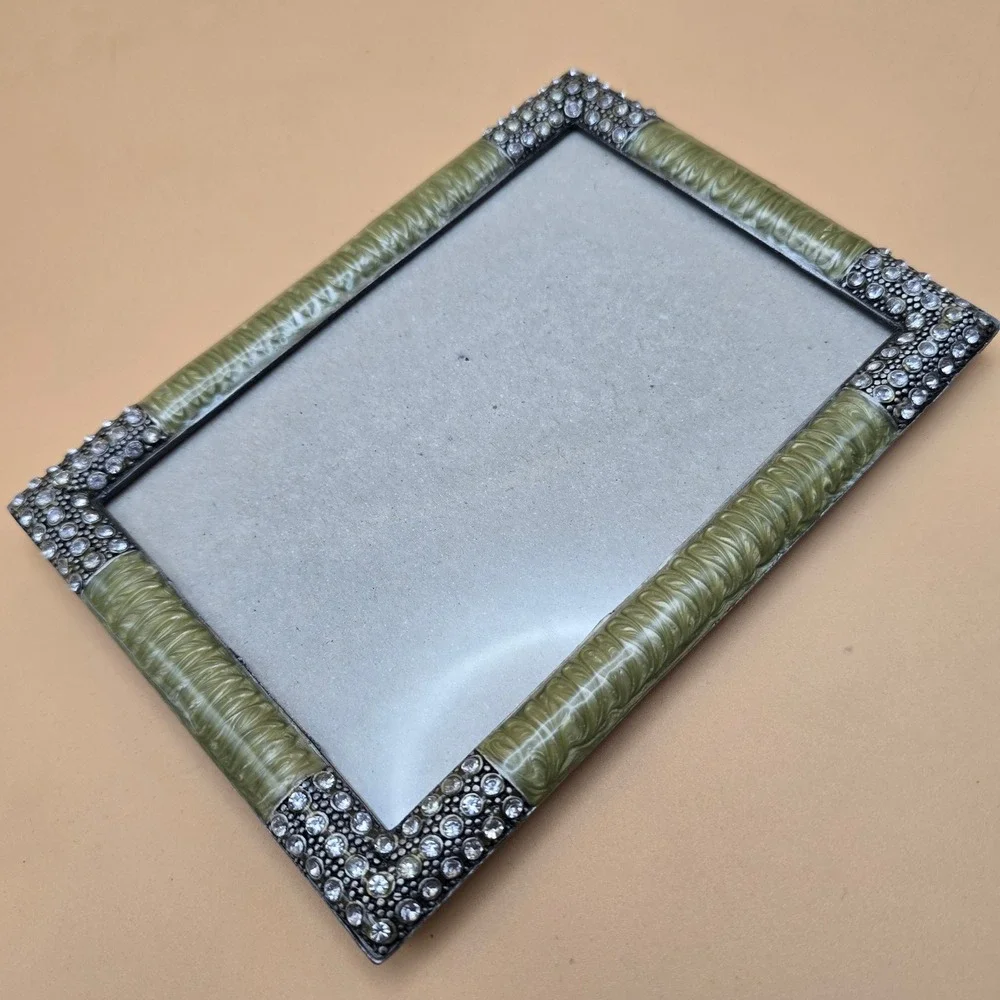 Sage Green Enamel and Rhinestone Picture Frame Vintage Style 4x6 Tabletop Decor - Picture 4 of 16